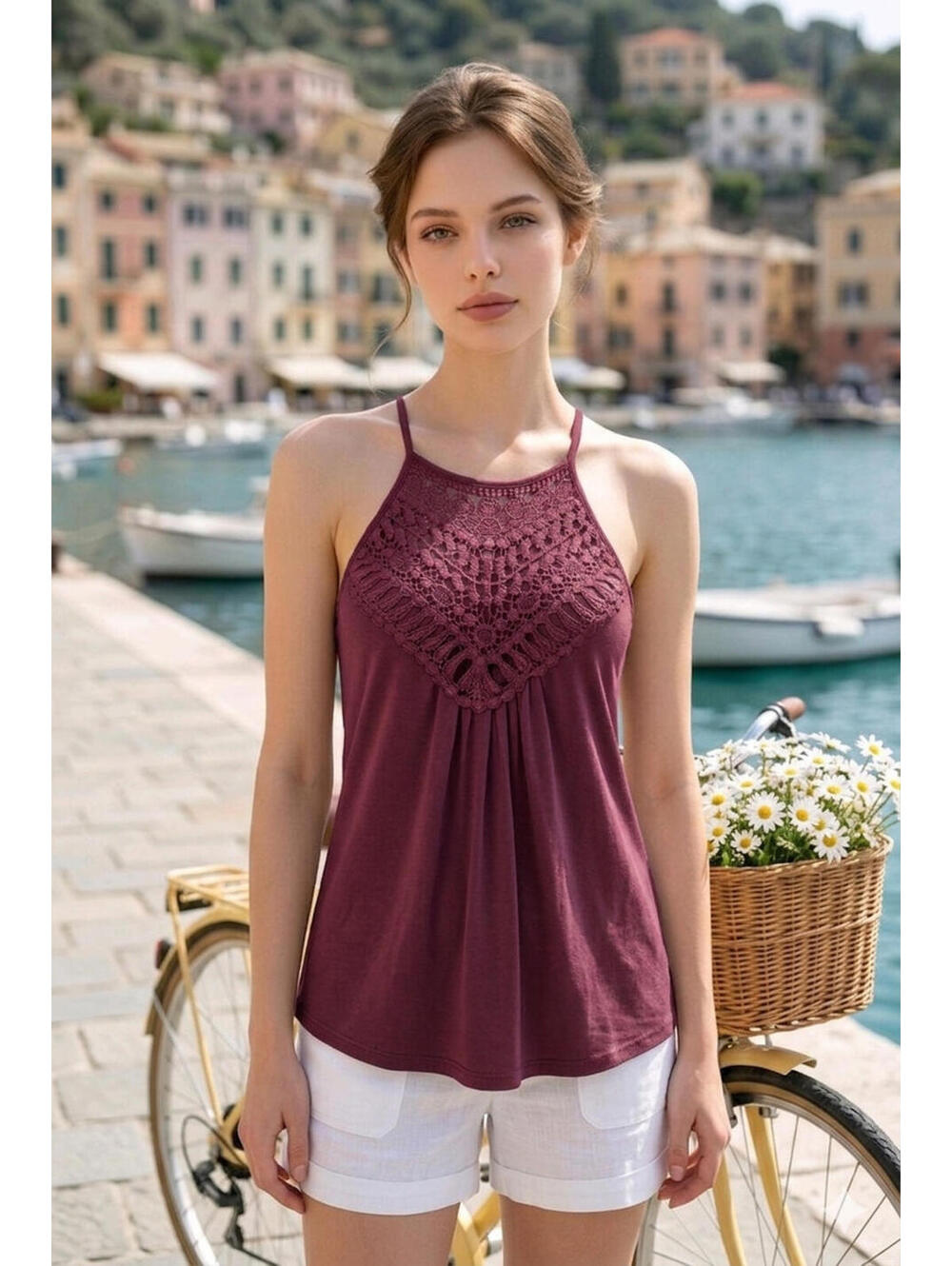 Women's Bluetime, Red wine Crochet Lace Halter Tank Top sz Large